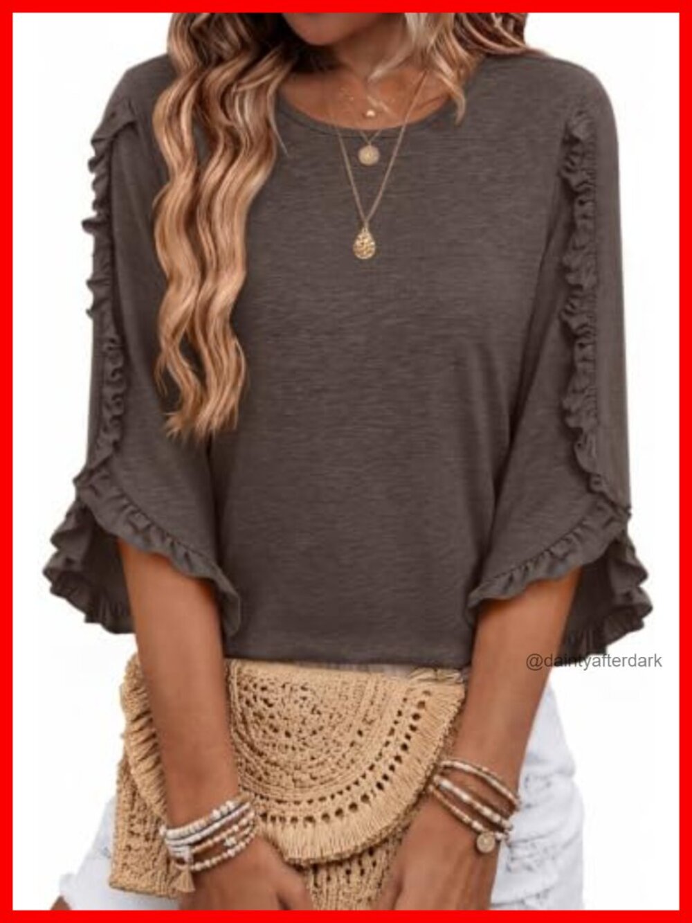 Womens 3/4 Sleeve Ruffle Crewneck Blouse Dressy Casual Tunic Top